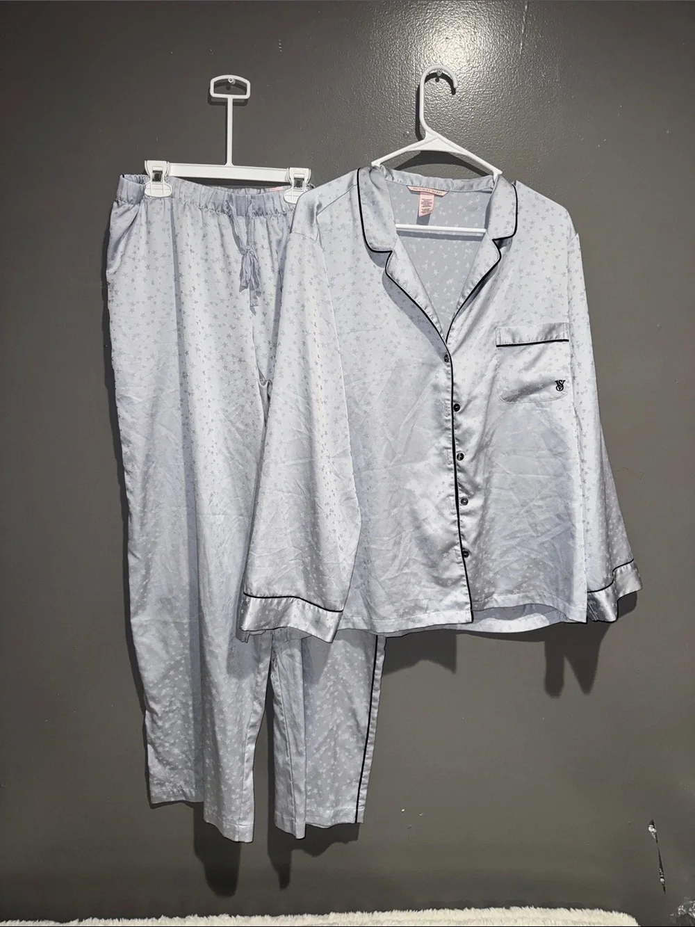Victoria's Secret Pale Gray Satin Pajama Set with Black Trim